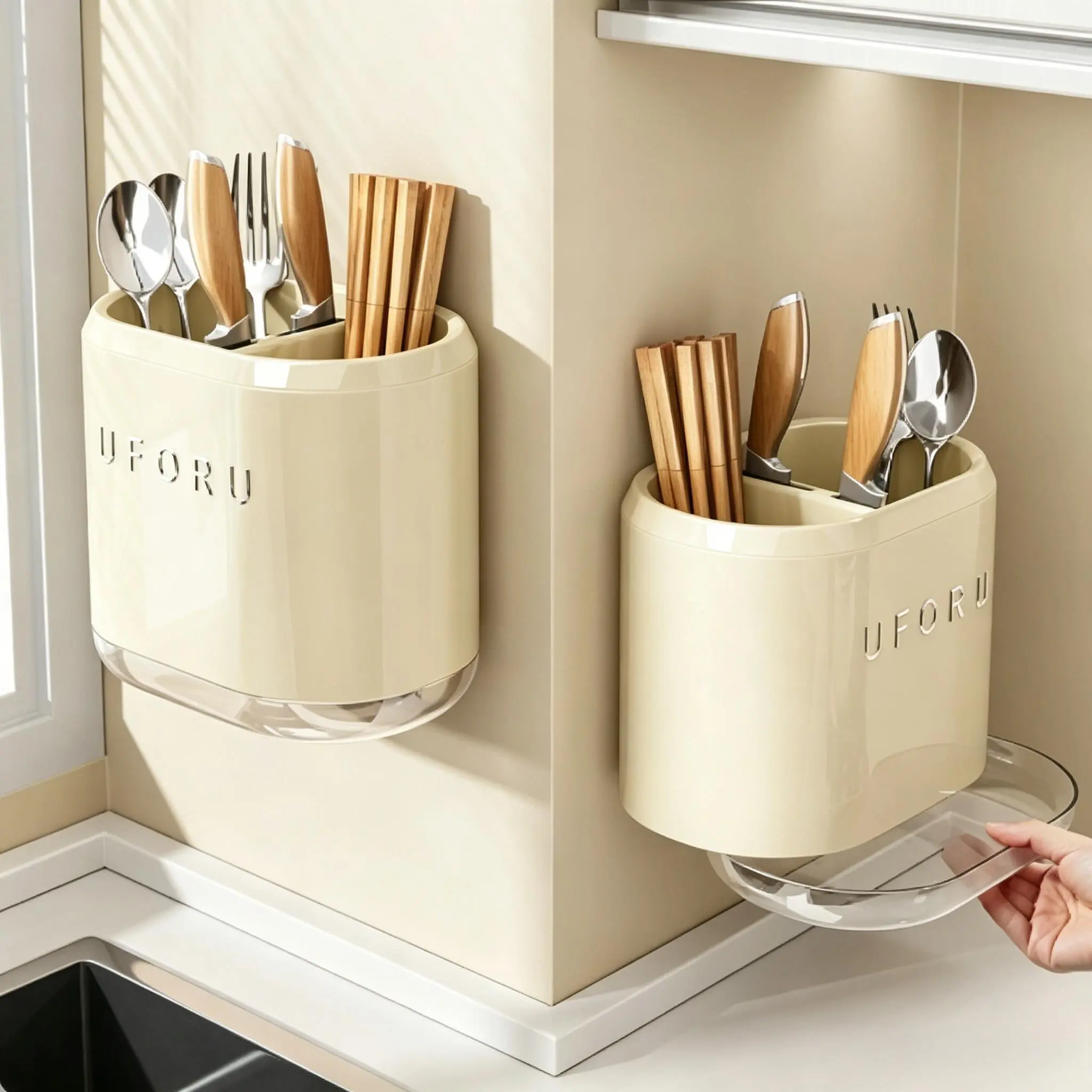Punch-Free Wall Mount Utensil Holder - Heavy-Duty Steel Adjustable Rack with Detachable Drain Tray, Dual-Use Countertop & Hanging Kitchen Organizer for Chopsticks, Spoons, Forks, Cutlery, Gold Metal Pole Space-Saving Storage