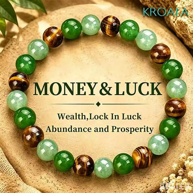KROAFA Money Bracelet featuring green Dongling jade stone, green quartz, and tiger’s eye—a lucky bracelet symbolizing wealth, locking in good fortune, prosperity, and growth. Blue beaded friendship jewelry protective bracelet, an encouragement gift.