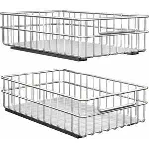 Pull out Cabinet Organizer, Stainless Steel 2-Pack Slide out Drawer with Silent Full-Extension Slides, Adhesive Roll out Can  Storage Basket Shelf Rack for Pantry, Kitchen, Bathroom,  Closet