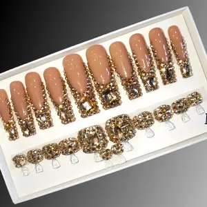 B4 Handmade high quality nude long coffin press on nails and toe nails set with golden champagne crystal accents full diamond coverage salon grade long lasting finish