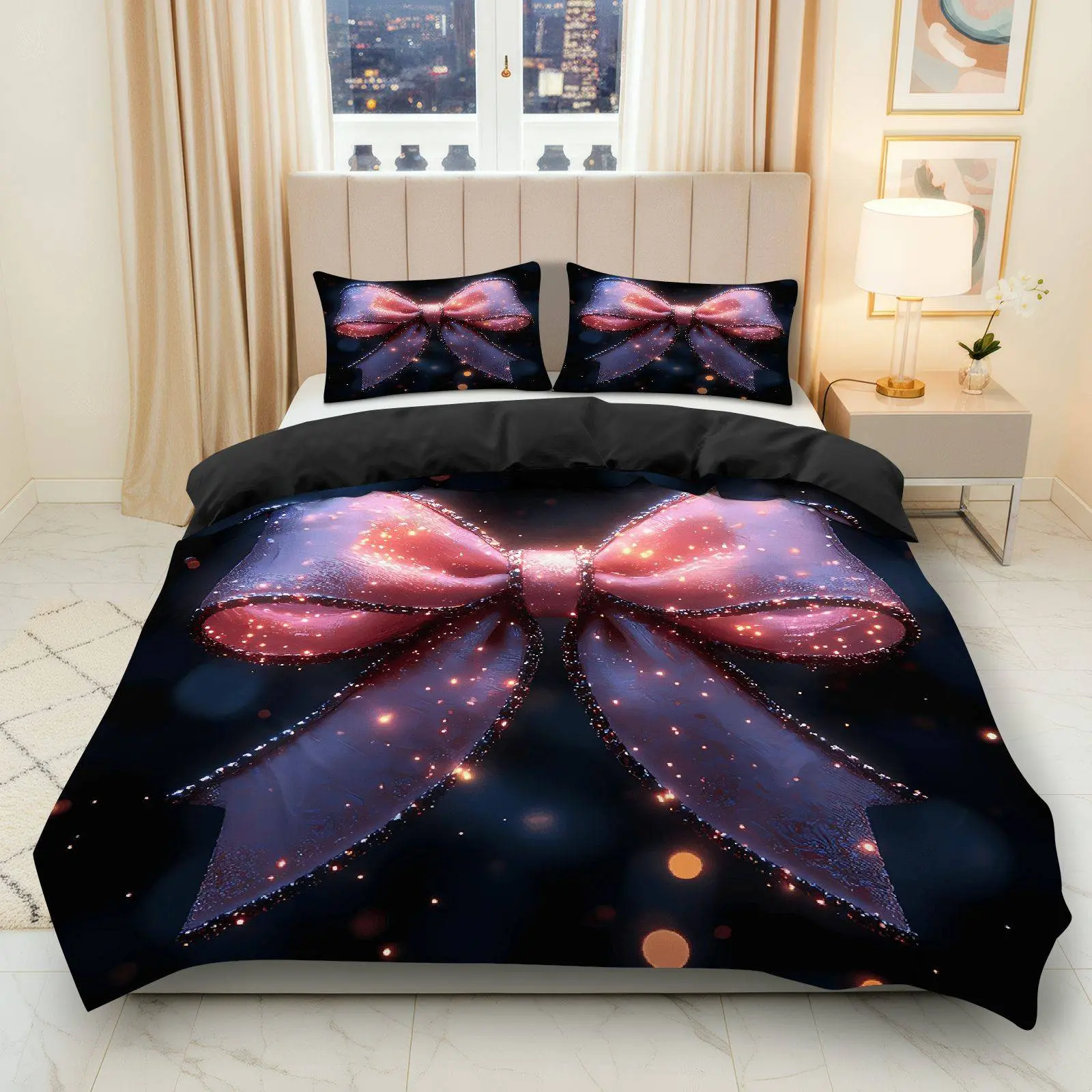 3PCS Duvet Cover Set, 1 Duvet+2 Pillowcases(Without filler), Glitter Bow Sparkle Night Glamour Elegant theme, Christmas bedding set, Decorative Luminous Suitable for decoration bedroom living room hotel guest room.