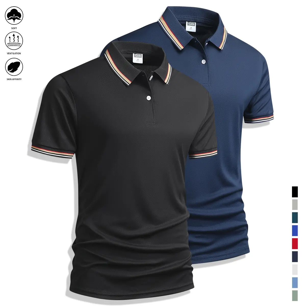 Men's 2-Pack Fashion Street Plain Short-Sleeve Polo Shirts, Fitted Cut, Contrasting Woven Collar & Cuffs, Smart Casual Summer Lapel Tops for Work & Daily Wear, Sporty Chic