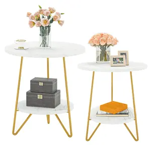 Tribesigns Faux Marble 2-Tier Round Side Table Set for Living Room or Bedroom, Modern Gold Nightstand and Small Coffee Table