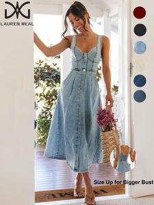 women's button denim dress, casual sleeveless jeans dress for daily wear, ladies clothes for all seasons