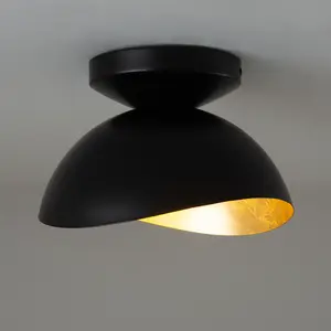 Luna Bella Flush Mount Ceiling Light - Matte Black & Gold-Leaf Shade, Weathered Brass