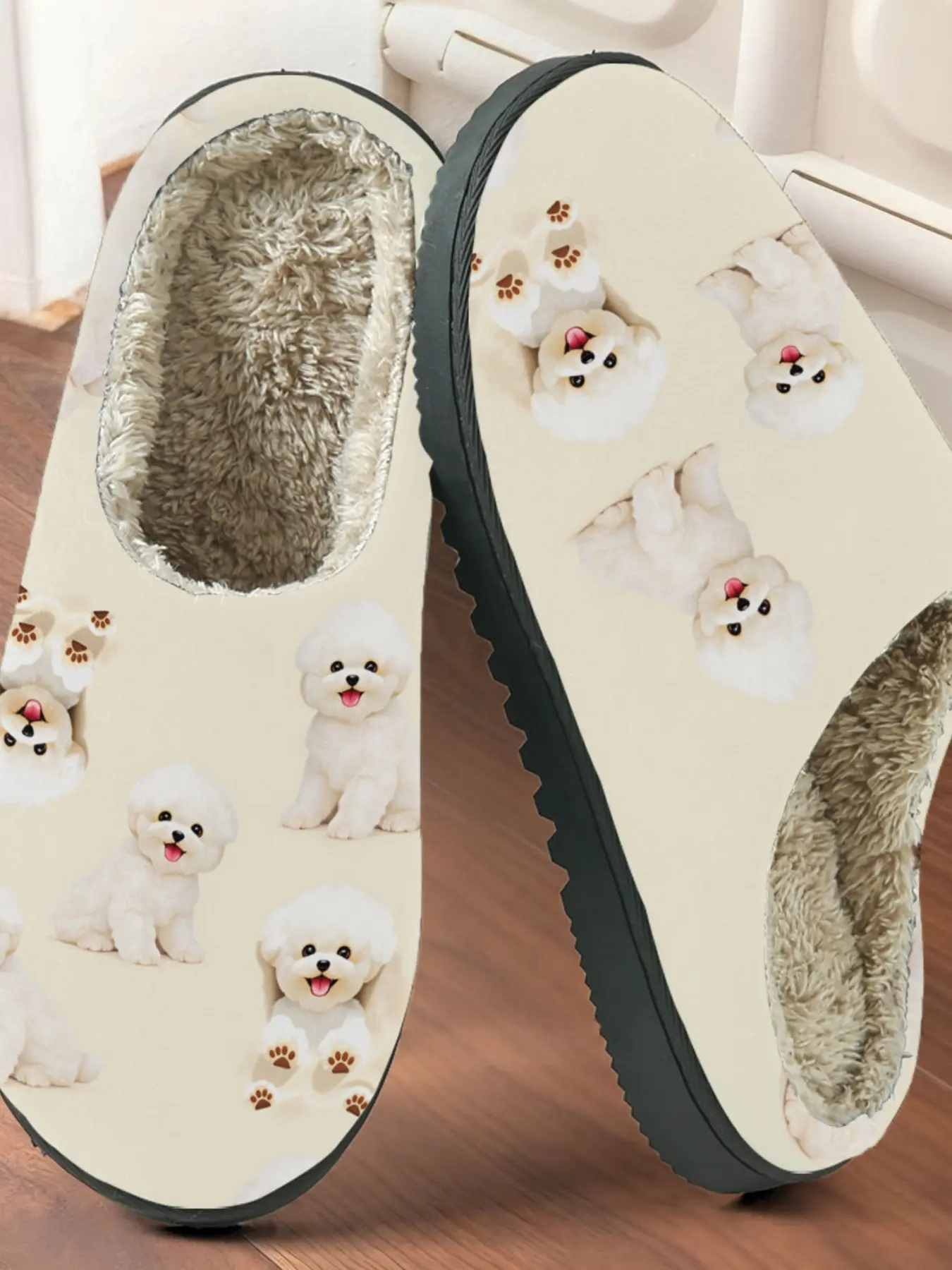 Cute Pomeranian Full-Print Cotton Slippers, Soft Sweet Healing Style, Fuzzy Lined Anti-Slip Thick Sole, Home Men Women Fall Winter Warm Shoes