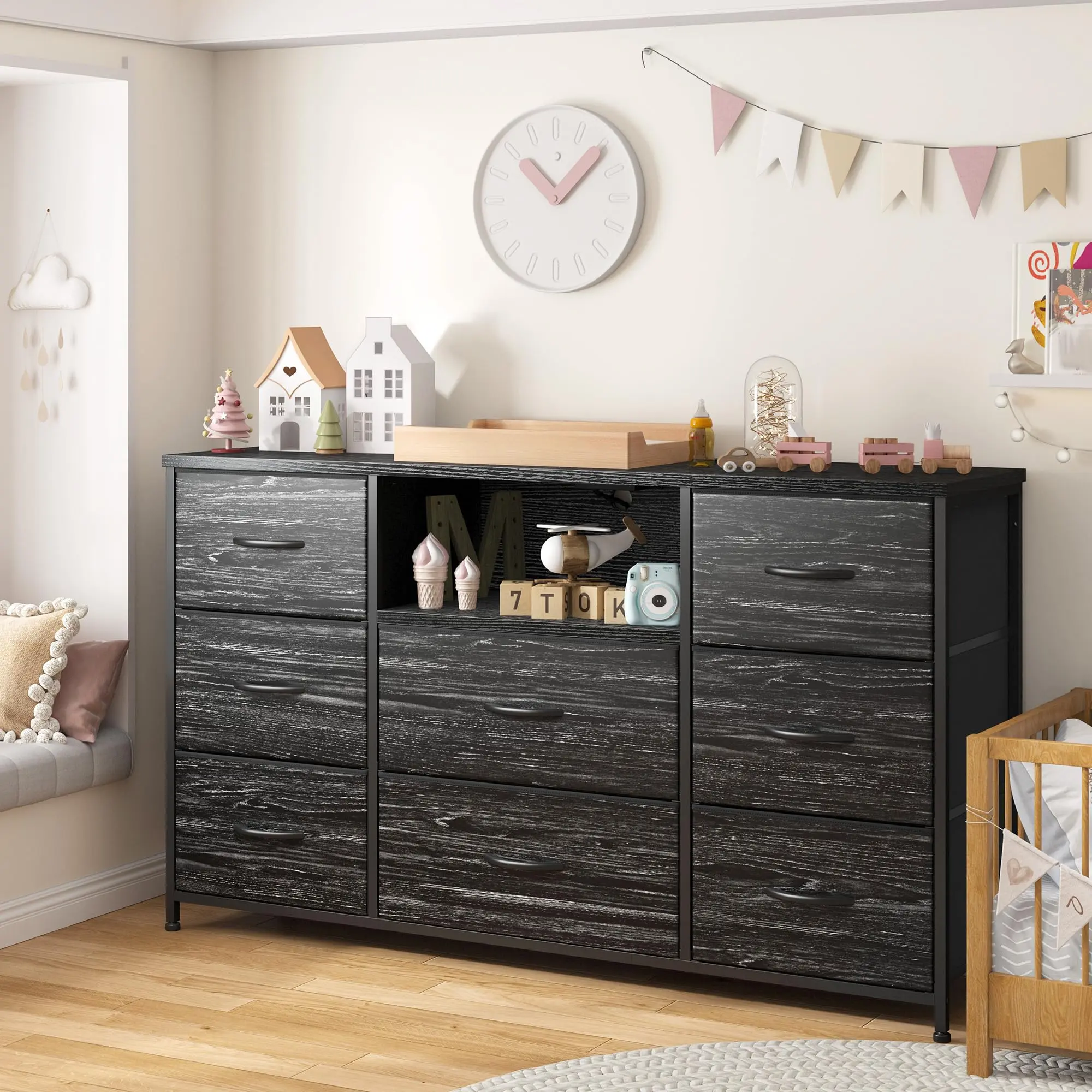 【TiktokBlackFriday On Sale】Raybee 8 Drawers Dresser for Bedroom with Charging Station,  39”-55” TV Stand for Bedroom, Modern Fabric Chest of Drawers with Open Shelves, Sturdy Storage Dresser for Closet, Living Room, Hallway
