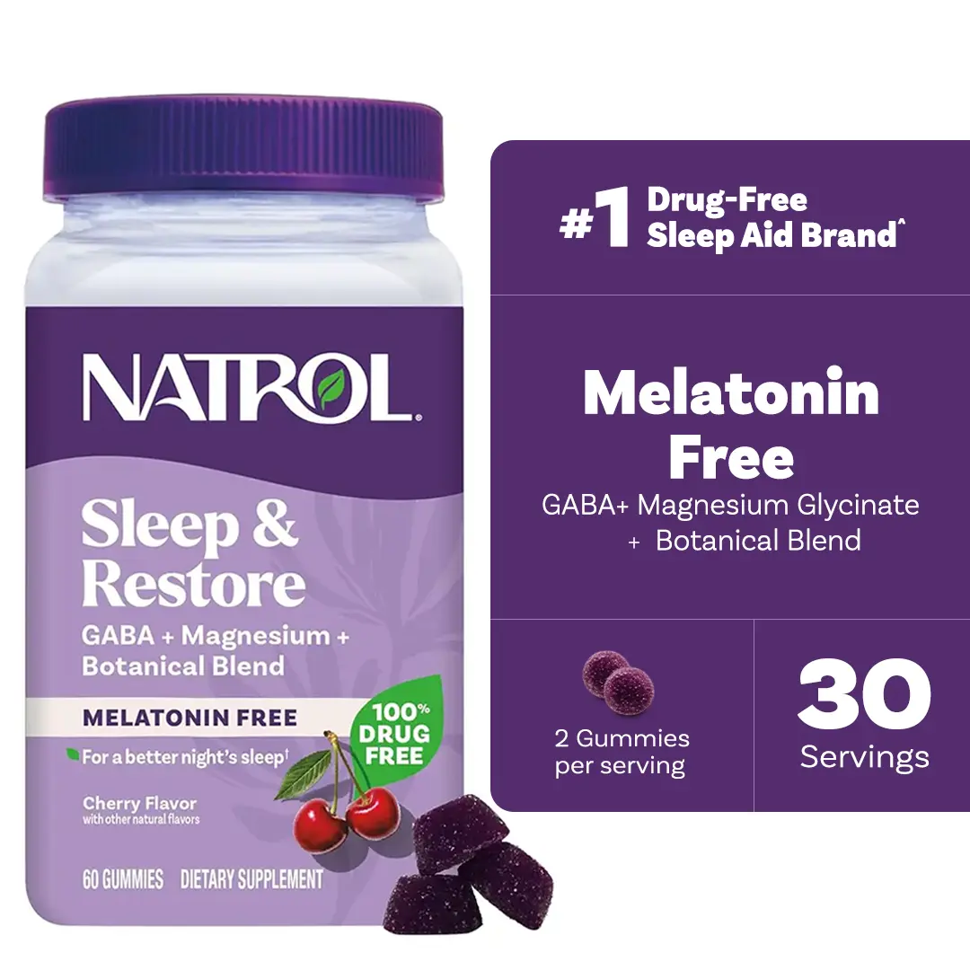 NATROL Sleep & Restore Non-Melatonin Chewable Deep Sleep Gummies, 60ct, Magnesium & GABA Infused, Tart Cherry & Lemon Flavor, Edible Dietary Self Care Product, Chewable Supplement, Edible Dietary Supplement