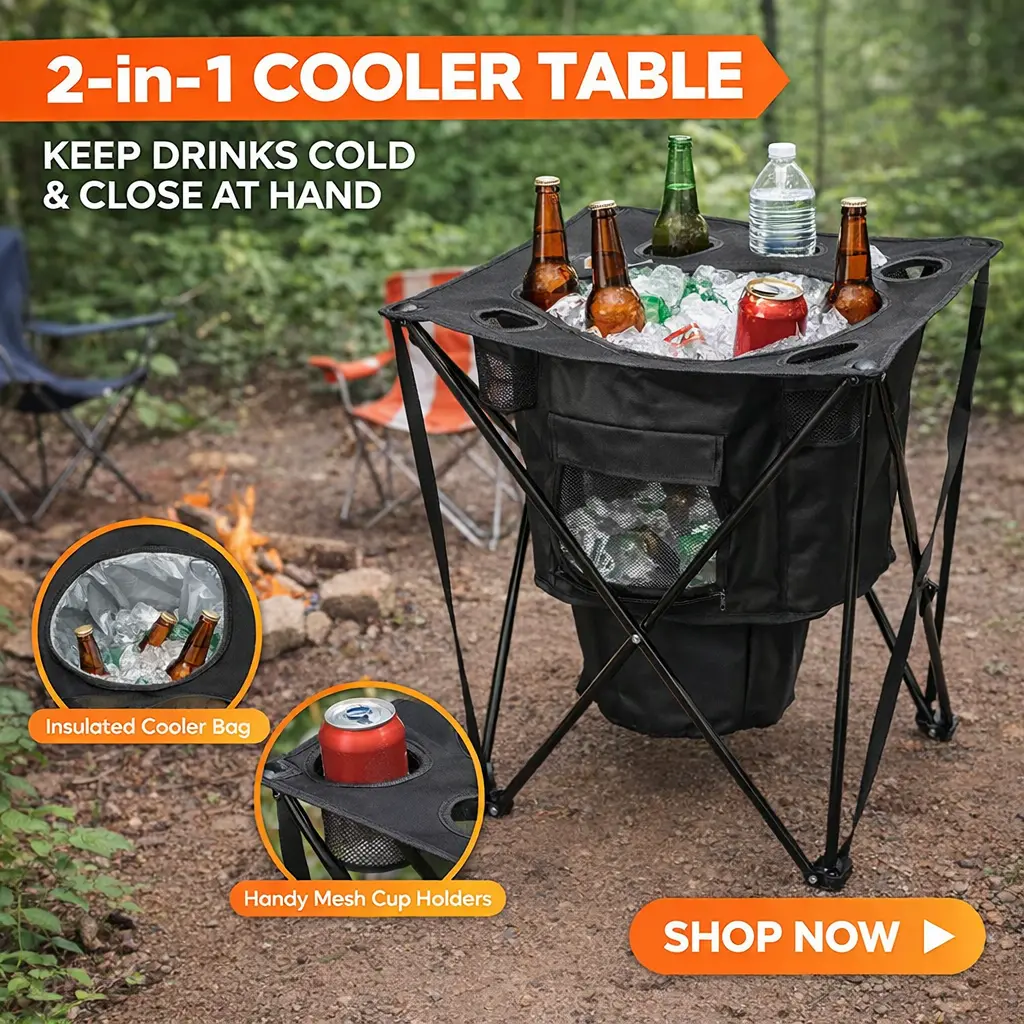 Tailgate Folding Tables, 2-in-1 Cooler Table for Camping with Insulated Compartment, 4 Cup Holders & Snack Tray, Cooling
