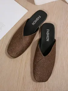 Elegant Women's Sparkling Flat Backless Half Slippers, Fashionable and Convenient, Commute and Casual Two-Wear Mules, Mule Shoes