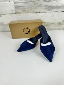 Volrina Kitten Heel Mules Sandals for Women Pointed toe Square Buckle, Size 11