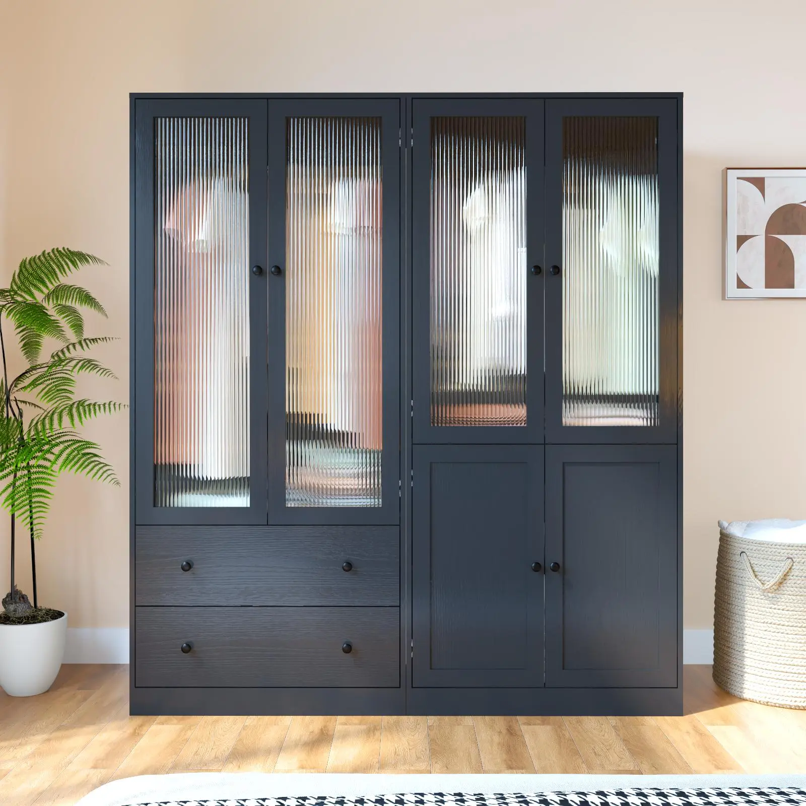 Black Wardrobe Closet with Fluted Glass Door, 2 Drawer & Shelf, Wooden Armoire Storage Cabinet for Bedroom
