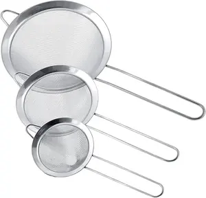 3-piece stainless steel cone filter, available in 3 different diameter sizes (3 inches, 4 inches, 5.5 inches), with solid handle and hook, perfect for juicing, flour, and filtration