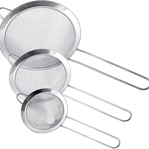 3-piece stainless steel cone filter, available in 3 different diameter sizes (3 inches, 4 inches, 5.5 inches), with solid handle and hook, perfect for juicing, flour, and filtration
