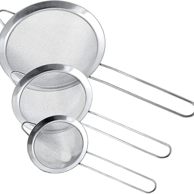 3-piece stainless steel cone filter, available in 3 different diameter sizes (3 inches, 4 inches, 5.5 inches), with solid handle and hook, perfect for juicing, flour, and filtration