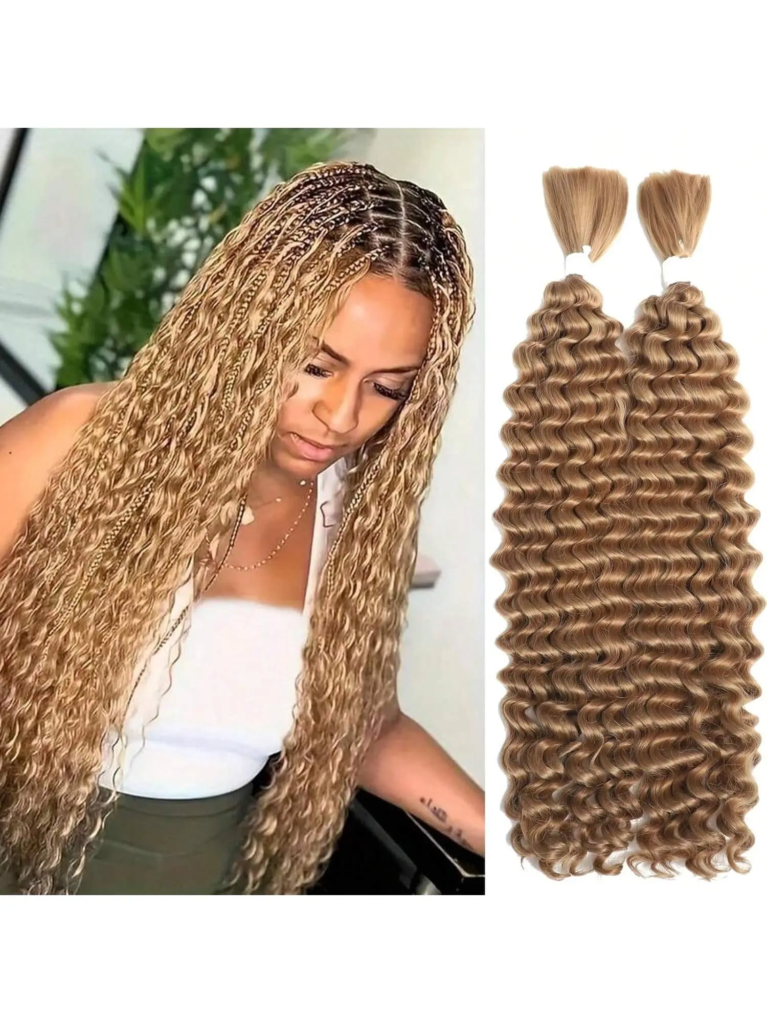 #27 Deep Wave Bulk Human Hair for Braiding No Weft, Premium Human Hair, 100% Brazilian Virgin Bulk 2 Bundles 100g Honey Blonde Boho Braids Knotless 14inch-28inch