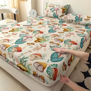 Polyester Mushroom Forest Print Bed Sheet Set, 3-Piece Bedroom Linen, Bedding Supplies, Soft Comfortable Mattress Cover, Ideal for Home & Apartment