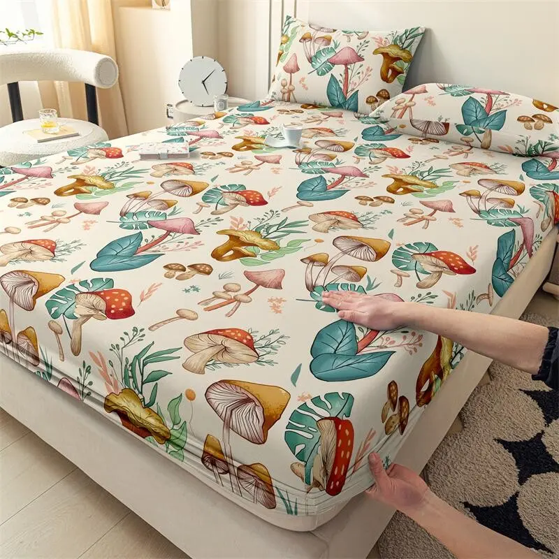 Polyester Mushroom Forest Print Bed Sheet Set, Printed Bedding Set, 3-Piece Bedroom Linen, Bedding Supplies, Soft Comfy Bedding, Soft Comfortable Mattress Cover, Ideal for Home & Apartment