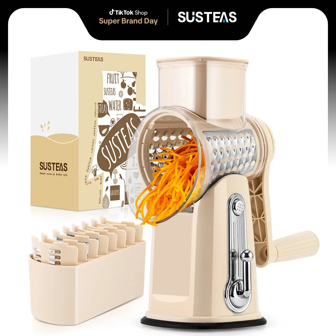SUSTEAS Rotary Cheese Grater with Handle - Comes with 5 Blades, Strong Suction Cup Base, Comes with Blade Storage Box Cutlery Kitchen Utensils