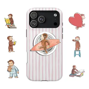 Cute Monkey Curious George Phone Grip With Pink Striped Phone Case Pastel Summer Colors Aesthetic Cute Cover  Phone Case Phone Cover Hard Cases Tough 2-piece Magnetic Phone Case Phone Holder MagSafe PopSocket Phone Grip Magnetic Pop Socket Phone Grip