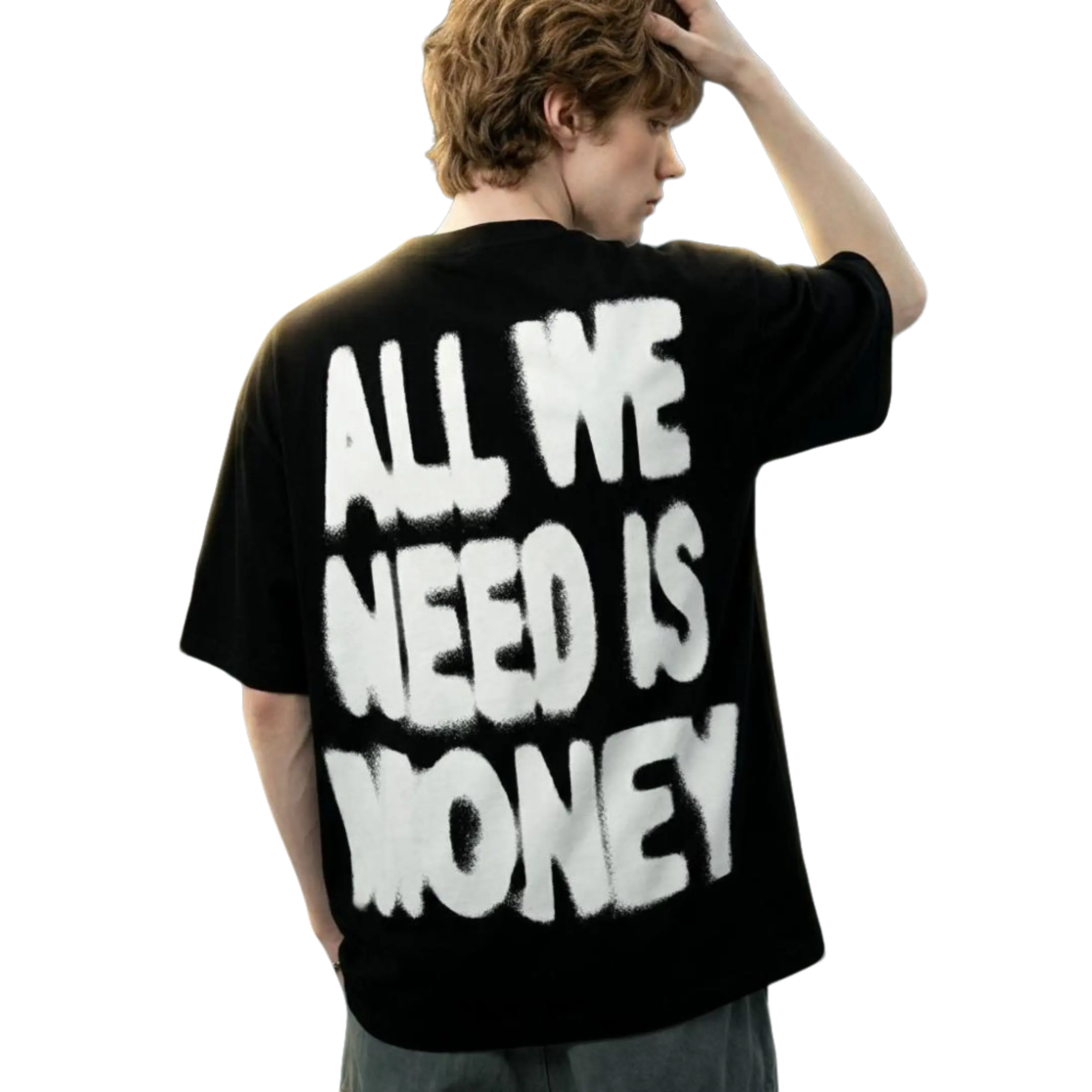 "All We Need Is Money" Graffiti Graphic Sporty Chic Fashion Tee - Black, Oversized Relaxed Unisex Multi-Size Round Neck Short-Sleeve 100% Cotton, Lightweight Breathable Fade Resistant Machine Washable, Men's Streetwear Sports Top, Gym Casual Essential