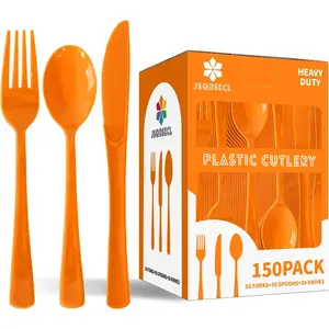 150 Pack Plastic Silverware Disposable Heavy Duty Cutlery Set 50 Forks 50 Knives 50 Spoons for Brithday Wedding Home School Party Picnics Restaurant Outdoor Events (Orange)