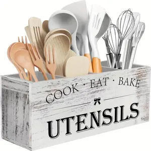 Extra Large 4 Compartment Wooden Rustic Farmhouse Decor Kitchen Utensil Holder - Lightweight Varnished Flatware Caddy with Tension Mount Design Countertop Organizer Boxes Distressed White
