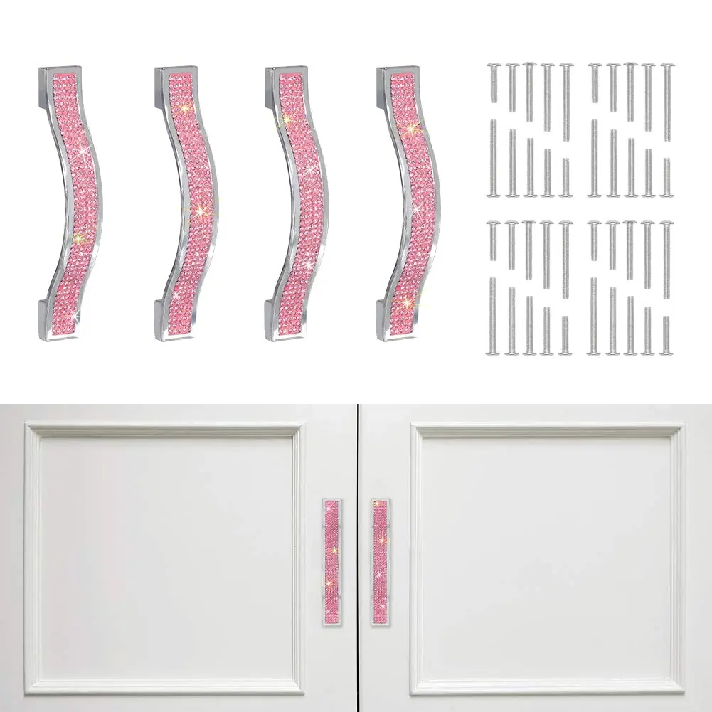 Drawer Pulls Handle Bling Crystal Dresser Cupboard Closet Cabinet Wardrobe Door Furniture Handles Hardware Pull For Home Kitchen Bathroom 4 Pack (11cm -  Pink)