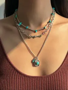 Boho Style Turquoise Decorated Layered Necklace, Vintage Trendy Pendant Necklace, Dangling Charms Necklace, Fashion Jewelry Accessories for Women & Girls As Gift