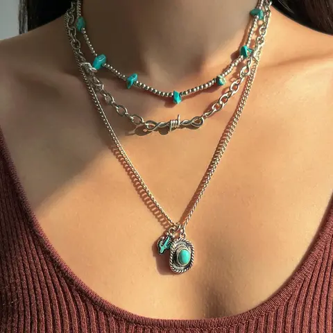 Boho Style Turquoise Decorated Layered Necklace, Vintage Trendy Pendant Necklace, Dangling Charms Necklace, Fashion Jewelry Accessories for Women & Girls As Gift, Vintage Bohemian Jewelry, Multilayer Necklace