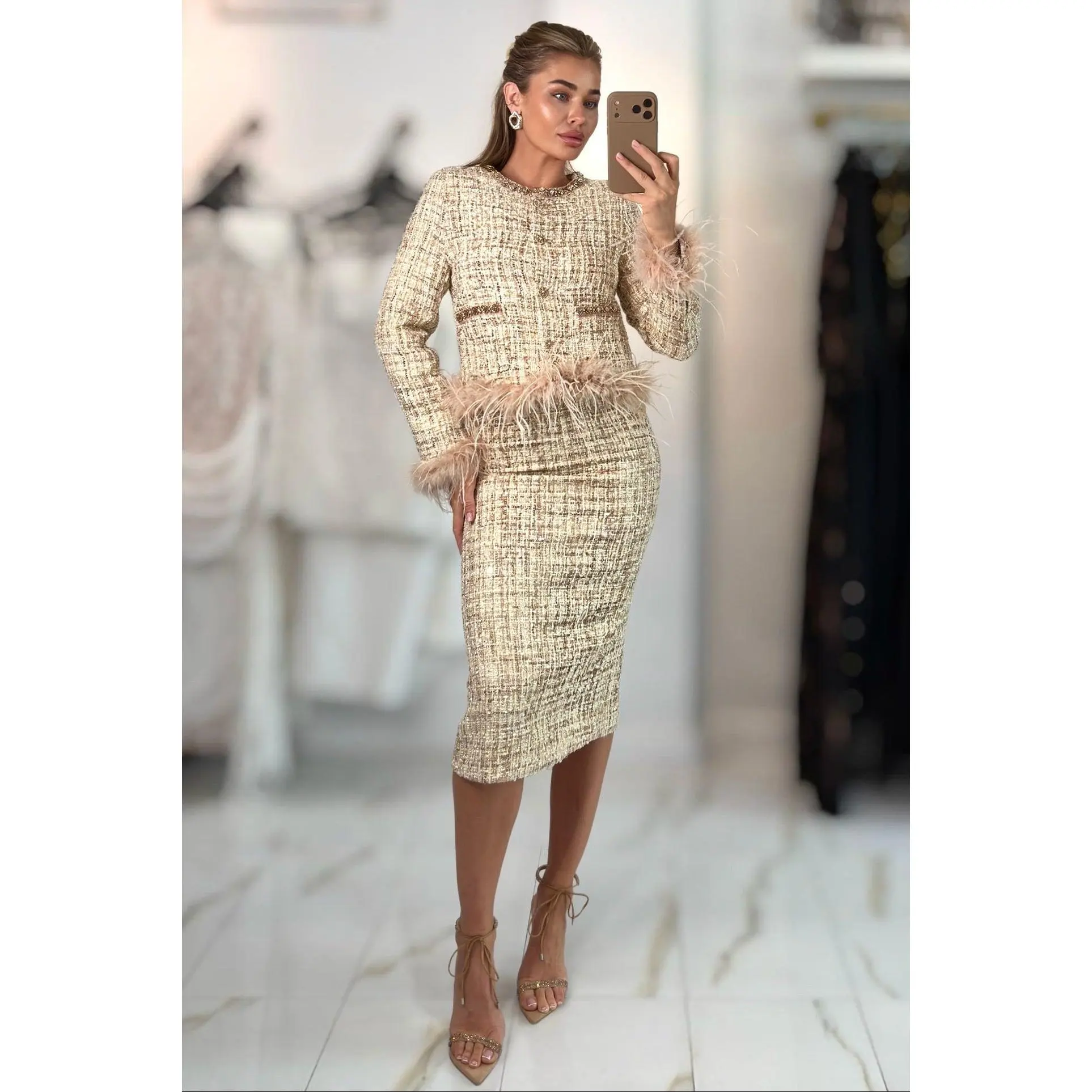 Jessica Bara Musera Tweed Feather Blazer Top and Midi Skirt Two Piece Set