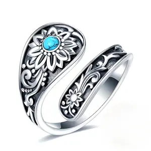 Women’s Turquoise Jewelry – Sterling Silver Turquoise Rings, Vintage Adjustable Sunflower/Dragonfly/Butterfly Spoon Ring, Victorian Style Boho Antique Flower Statement Rings, Jewelry Gifts for Women