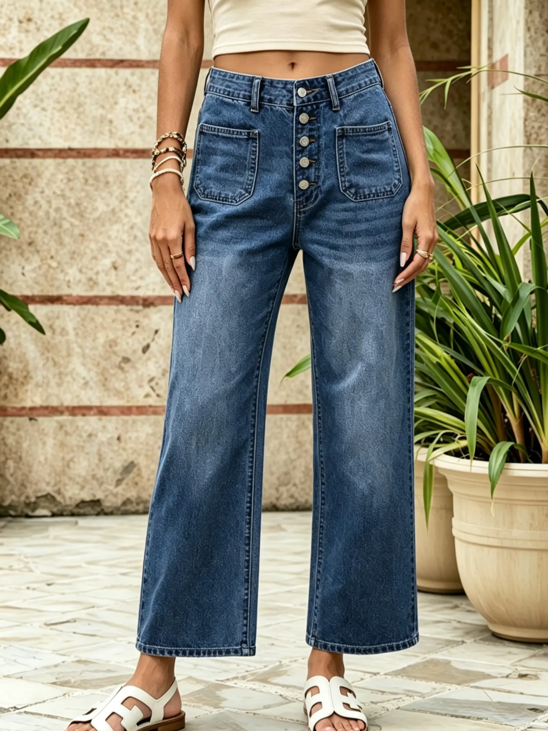 Women's Fashion Womenswear Mid-Waisted Straight Leg Loose Stretchy Lightweight Tummy Control Cropped Jeans 2026