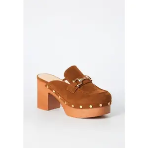 JUSTFAB Women Block Heel Clog Mule Suede Platform Mule Heels – Chunky Slip-On Clogs with Gold Horsebit