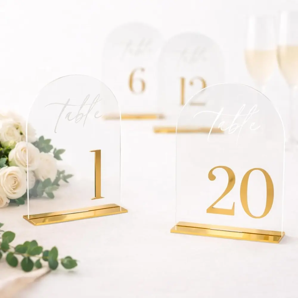 10pcs Acrylic Wedding Table Number Signs (1-20) with Gold Mirror Arch Design & Stands, Clear Holders for Wedding Reception, Banquet Indoor Recreation Decorations