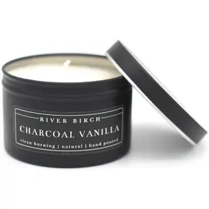River Birch Charcoal Vanilla 8 oz Matte Black Tin Soy Candles Sweet Tonka Bean Vanilla Smoked Charcoal Aroma Decor Ornaments Clean Burning Natural Scented Household Candle
