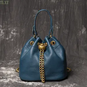 TLXT Handmade Genuine Leather Bucket Bag for Women - Soft Cowhide Crossbody Shoulder Purse with Adjustable Chain Strap & Drawstring Closure, Golden-Tone Hardware, Minimalist Elegant Design, Multi-Color Options (Navy, Red, Light Grey, Dark Grey