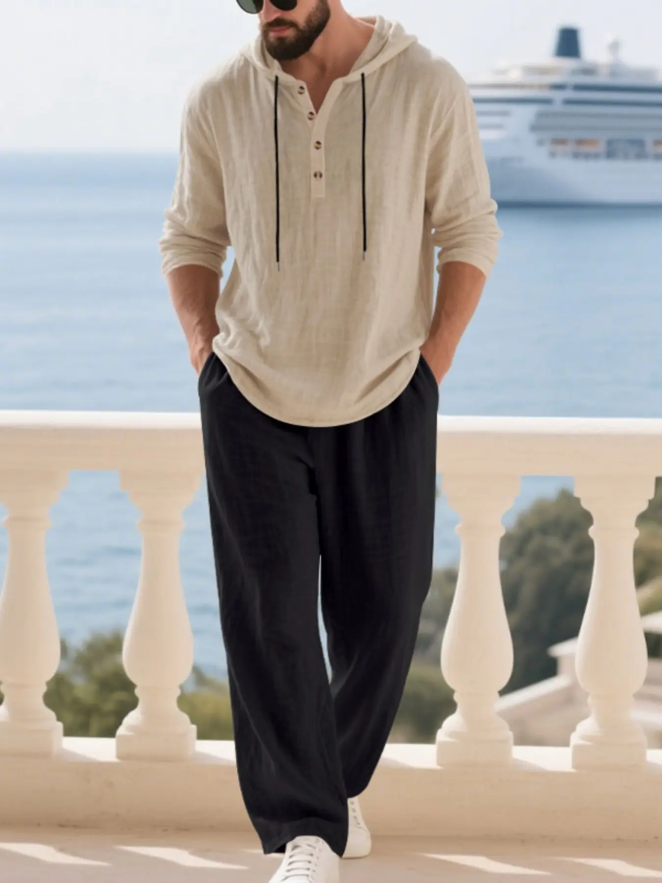 Khaki top black pants