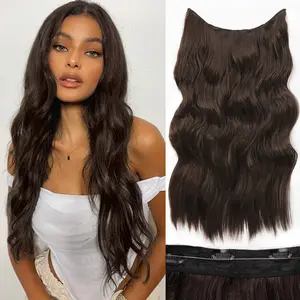 XINRAN Hair Extensions Adjustable Clear Headband Size 4 Safety Clips Long Wavy Invisible Fishing Line Secret Wig for Women Daily Party Use Natural and Easy to Wear (Dark Brown, 20 Inch)