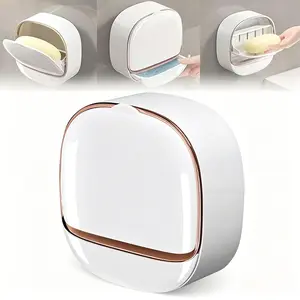 White Wall-Mounted Soap Holder with Flip Lid Drain, Waterproof Rustproof Self-Adhesive Soap Dish for Bathroom, Kitchen
