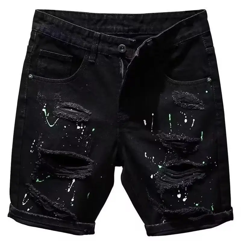 Boys' Personality Beggar Ripped Five-point Pants In Summer Versatile Slim Fit Handsome Black Denim Shorts