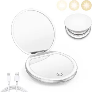 High Definition Five Times Magnifying Glass, Three Light Modes, Portable Flip Cover Round Foldable LED Makeup Mirror, USB Rechargeable Mini Mirror Gift, Rechargeable Lighted Mirror