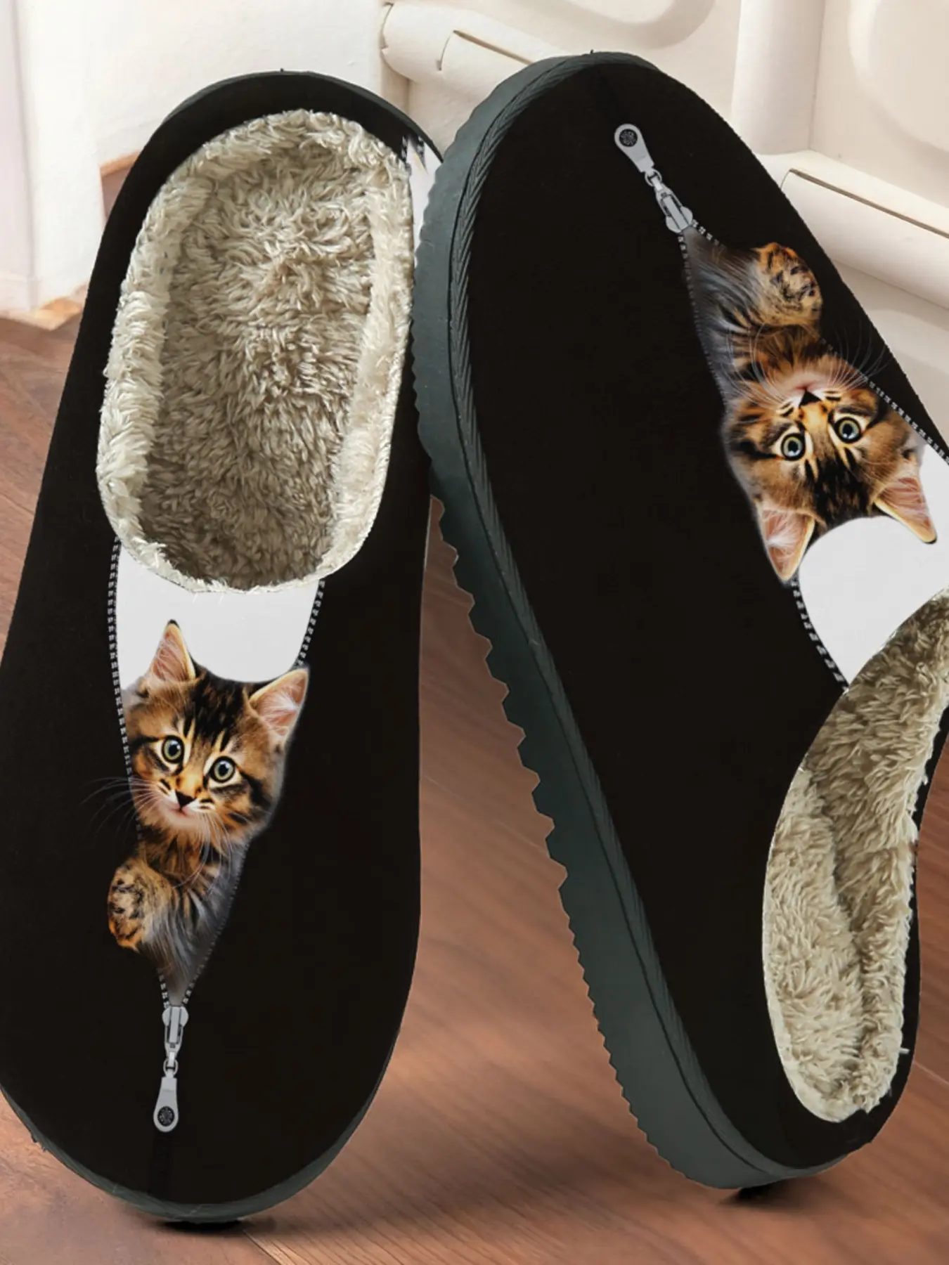 Cute Cat Print Cotton Slippers with Zipper, Fuzzy Lining Anti-Slip Thick Sole, Casual Home Shoes for Men and Women Fall Winter