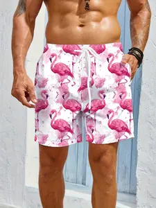 Men's Quick-Dry Beach Shorts, Flamingo Print Loose Swim Trunks, Suitable for Surfing, Pool, Vacation, Adjustable Drawstring, Swimming Shorts