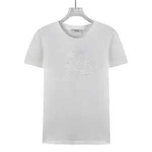 CALUXA- Max Mara White Logo Embroidered Cotton Crewneck Short Sleeve T-Shirt Size S
