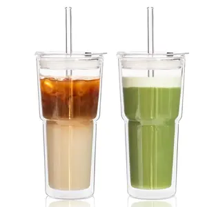 KEMORELA 2PCS 20oz Double Wall Borosilicate Glass Tumblers with Lids & Straws Insulated for Iced Matcha Latte Smoothies Reusable Travel Cups Leak Proof 2-in-1 Lid
