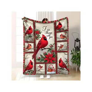 Cozy Red Cardinal Throw Blanket - Soft Flannel Fabric 280GSM, Lightweight & Durable All-Season Bedspread With Northern Cardinal Bird Design (Red Cardinals, Holly Berries & Snowy Branches) - Contemporary Winter Decor Couch, Bed