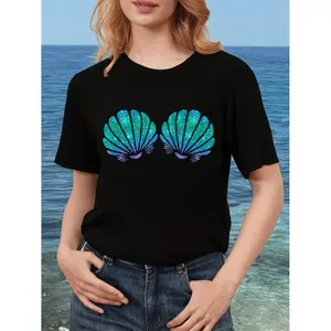 Stylish Mermaid Sea Shell Pattern Cotton T-shirt with Short Sleeves and Crew Neck Ideal for Casual Summer and Spring Wear for Women
