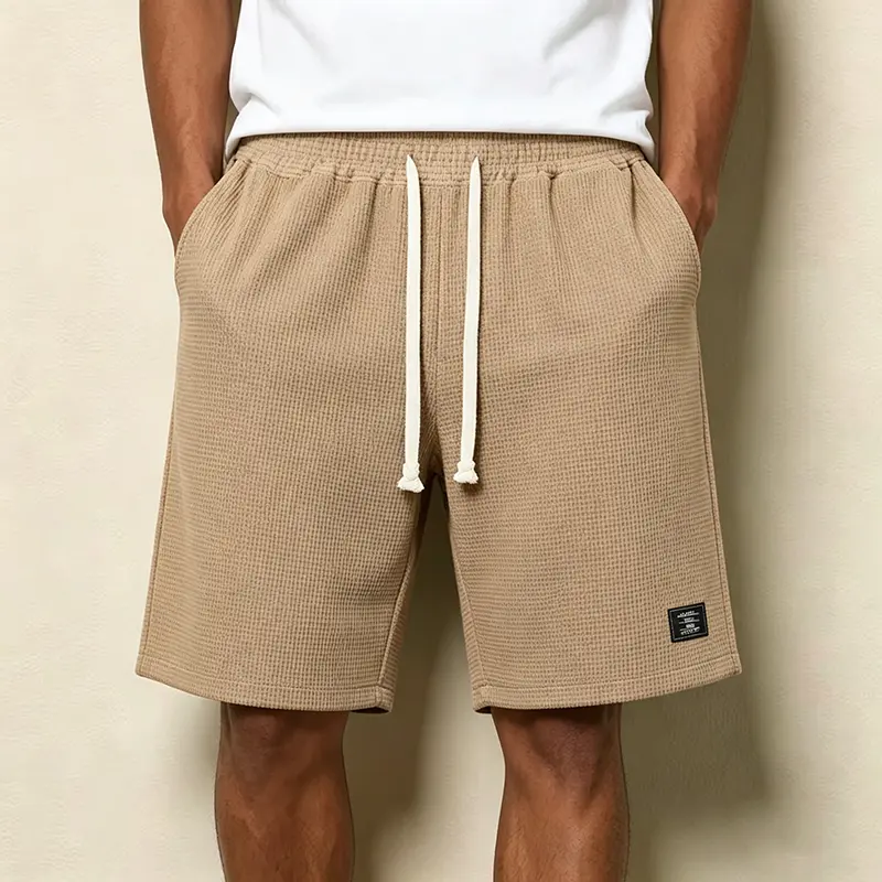 Men Solid Waffle Drawstring Casual Shorts Elastic Waist Pocket Summer Streetwear Shorts