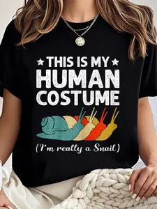 100% cotton This is My Human Costume I'm Really A Snail Halloween T-Shirt Women Graphic T-Shirt Cotton Print short Sleeve Casual Top, Summer Tee Tops